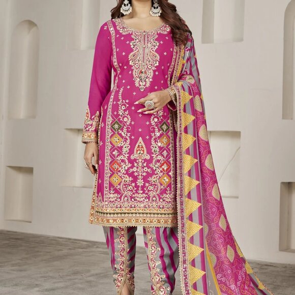 Designer Premium Chinnon Silk Rani Pink Punjabi Style Dhoti Salwar Suit - Picture 4 of 4